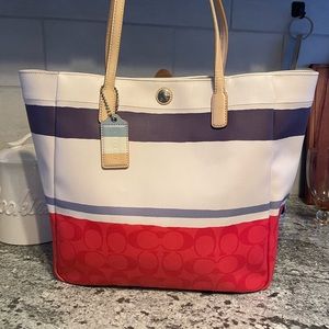 Coach Legacy Signature Painted Stripe PVC Large Tote Leather Shoulder Bag